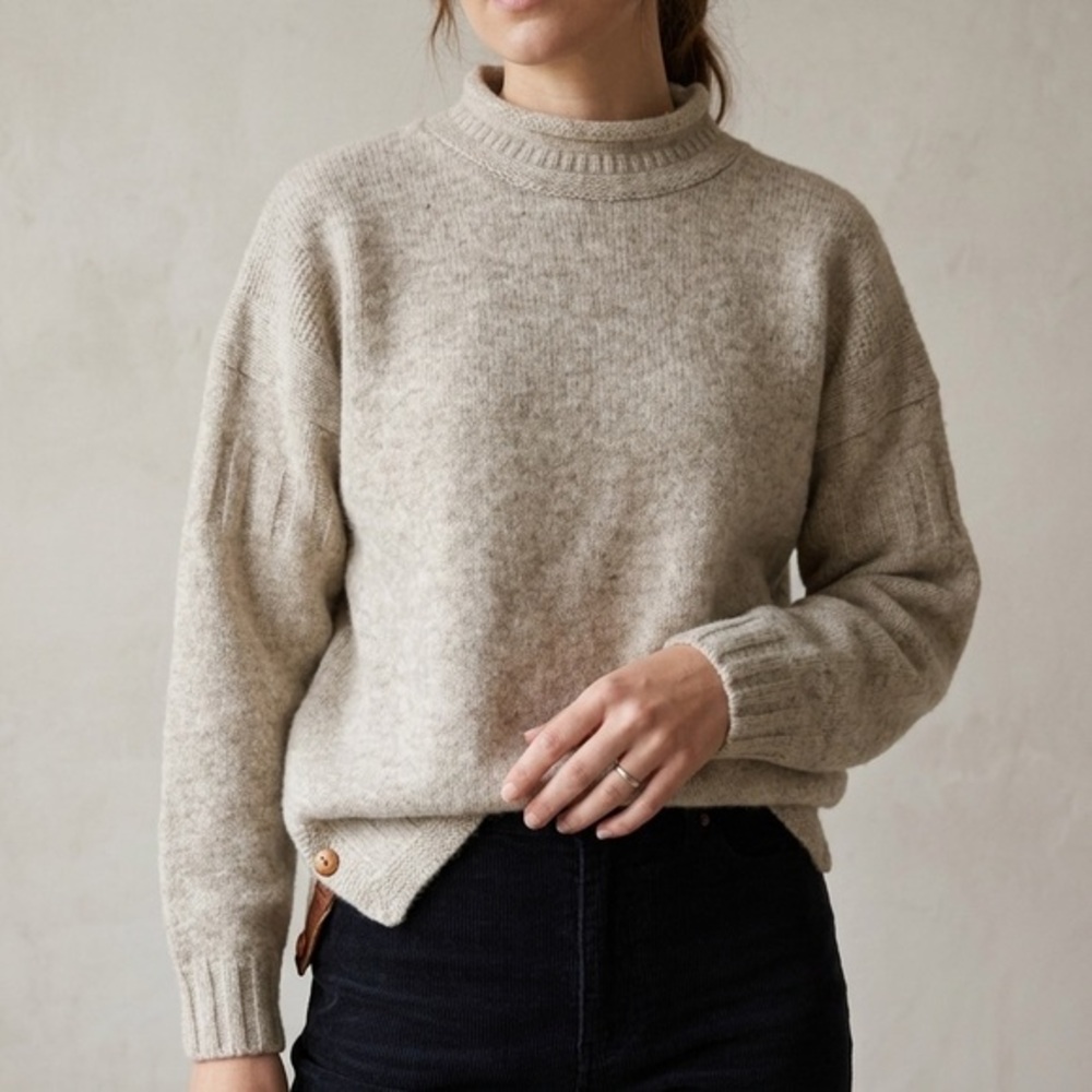 MCDONALD NEW ZEALAND Vintage Wool Oatmeal Roll Neck Sweater with Leather Detail